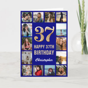 37. Happy Birthday Navy Blue & Gold Foto Collage Karte