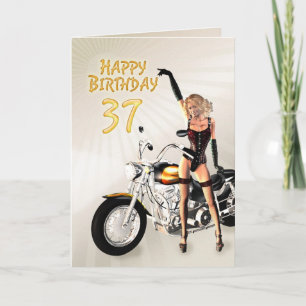 37th Birthday card with a motorbike girl Karte