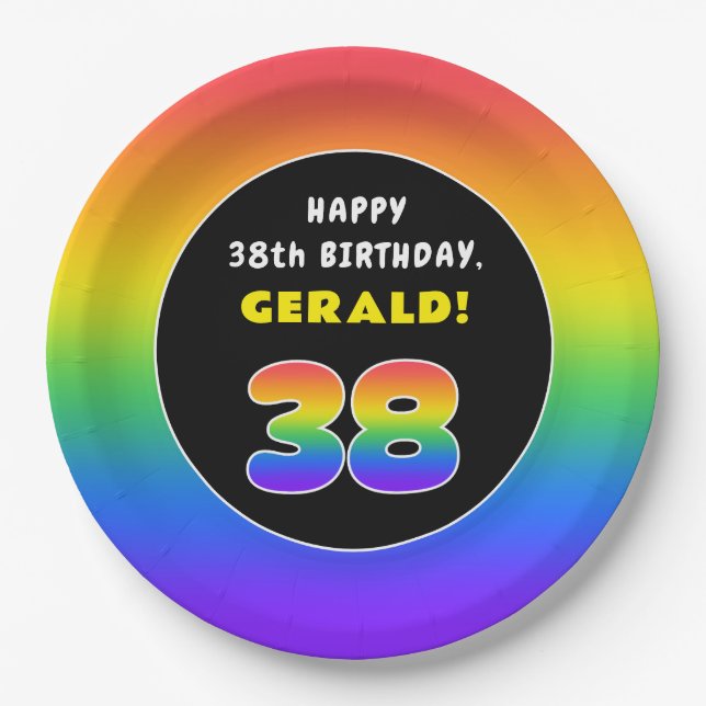 38. Geburtstag: Farbiger Regenbogen # 38, Individu Pappteller (Vorderseite)