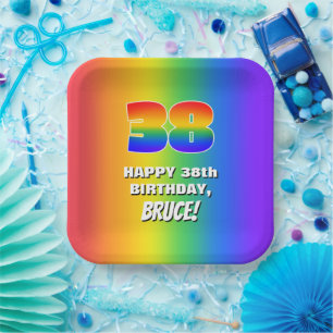 38. Geburtstag: Farbiges, lustiges Regenbogenmuste Pappteller