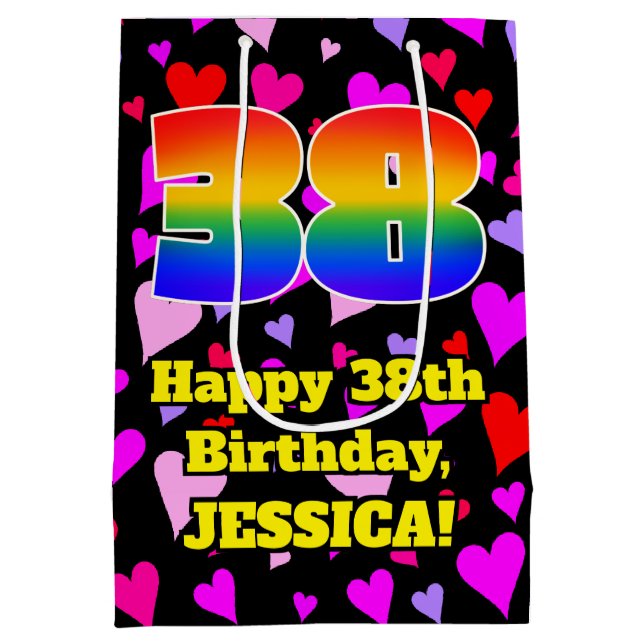 38. Geburtstag: Loving Hearts Pattern, Regenbogen  Mittlere Geschenktüte (Rückseite)