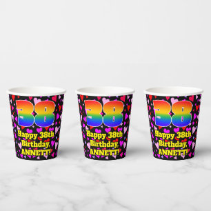 38. Geburtstag: Loving Hearts Pattern, Regenbogen  Pappbecher