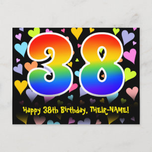 38. Geburtstag: Lustiges Herzen-Muster, Regenbogen Postkarte