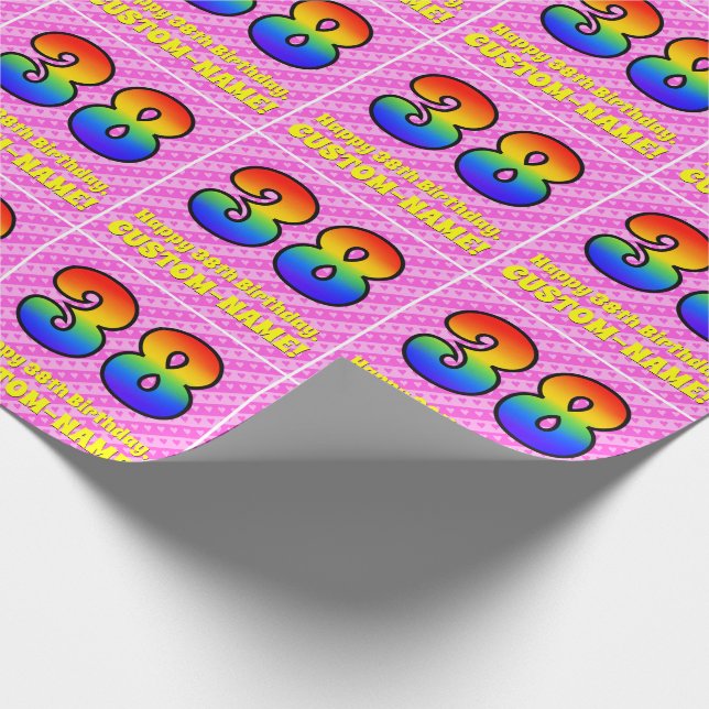 38. Geburtstag: Rosa Streifen & Herz, Regenbogen # Geschenkpapier (Ecke)