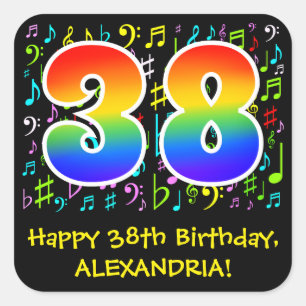 38th Birthday: Colorful Music Symbolik, Rainbow 38 Quadratischer Aufkleber