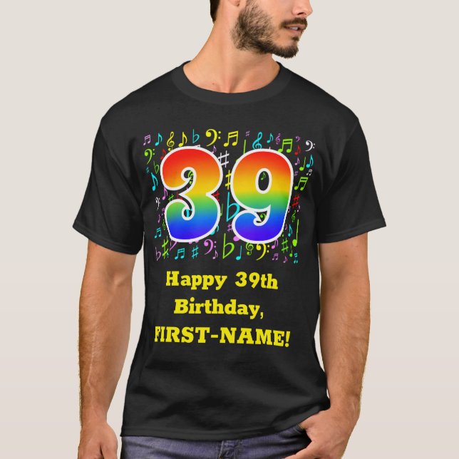 39. Geburtstag: Farbige Musiksymbole, Regenbogen 3 T-Shirt (Vorderseite)