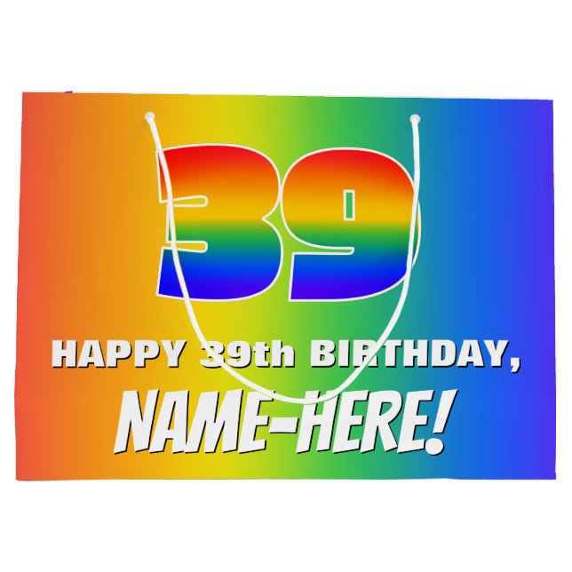 39. Geburtstag: Farbiges, lustiges Regenbogenmuste Große Geschenktüte (Rückseite)