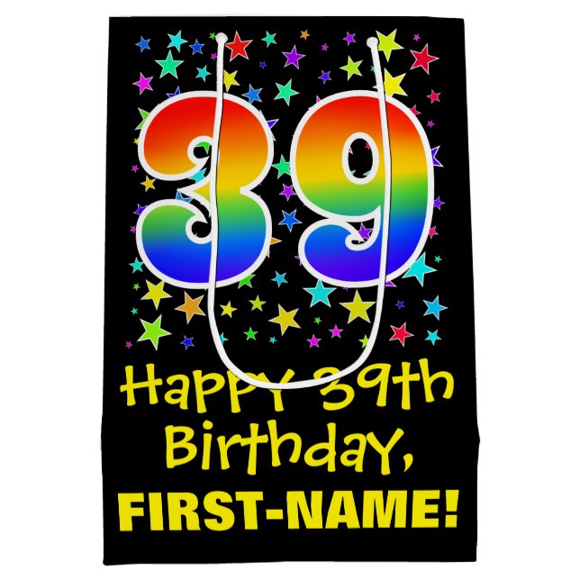 39. Geburtstag: Farbiges Sternenmuster & Regenboge Mittlere Geschenktüte (Rückseite)