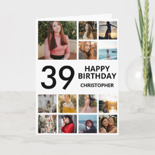 39. Geburtstag FotoCollage 13 Fotos Schwarz-weiß Karte