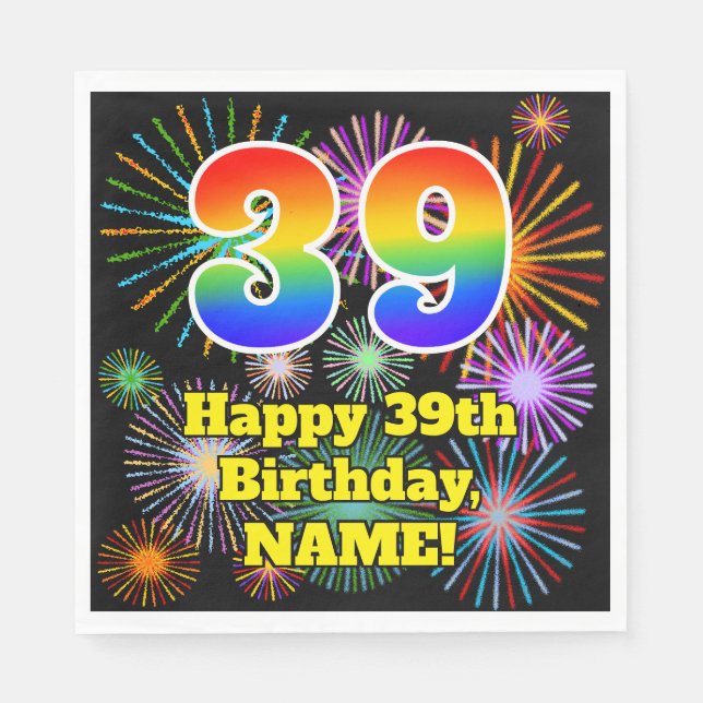 39. Geburtstag: Fun Fireworks Pattern + Rainbow 39 Serviette (Vorderseite)
