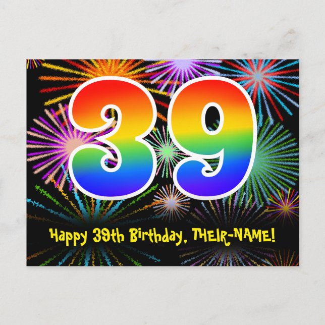 39. Geburtstag - Fun Fireworks Pattern + Regenboge Postkarte (Vorderseite)