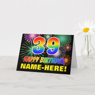 39. Geburtstag: Kühn, Lustig, Feuerwerk, Regenboge Karte