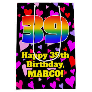 39. Geburtstag: Loving Hearts Pattern, Regenbogen  Mittlere Geschenktüte