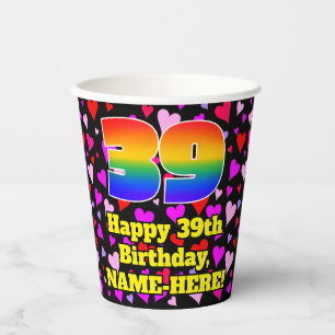 39. Geburtstag: Loving Hearts Pattern, Regenbogen Pappbecher