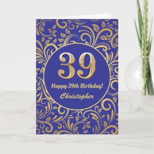 39. Geburtstag Navy Blue and Gold Floral Muster Karte