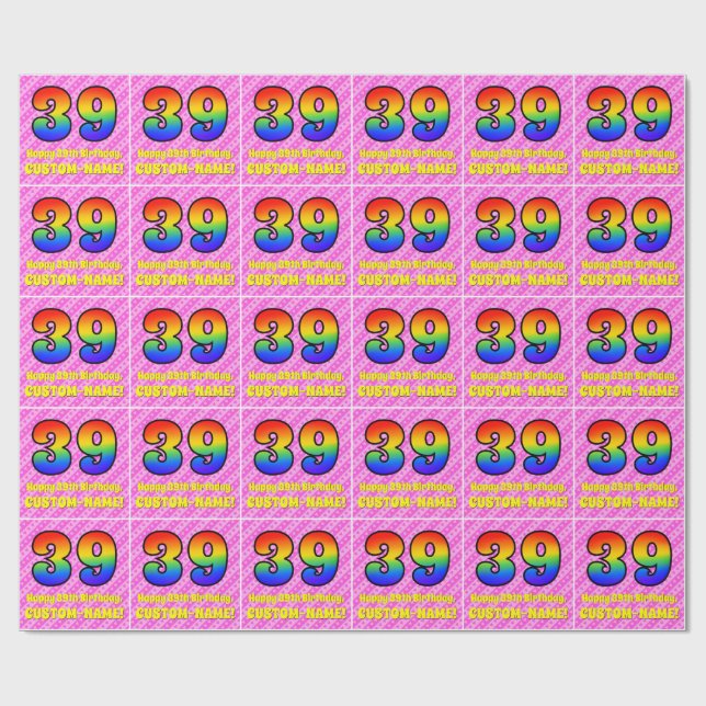 39. Geburtstag: Rosa Streifen & Herz, Regenbogen # Geschenkpapier (Flach)