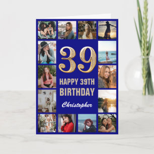 39. Happy Birthday Navy Blue & Gold Foto Collage Karte