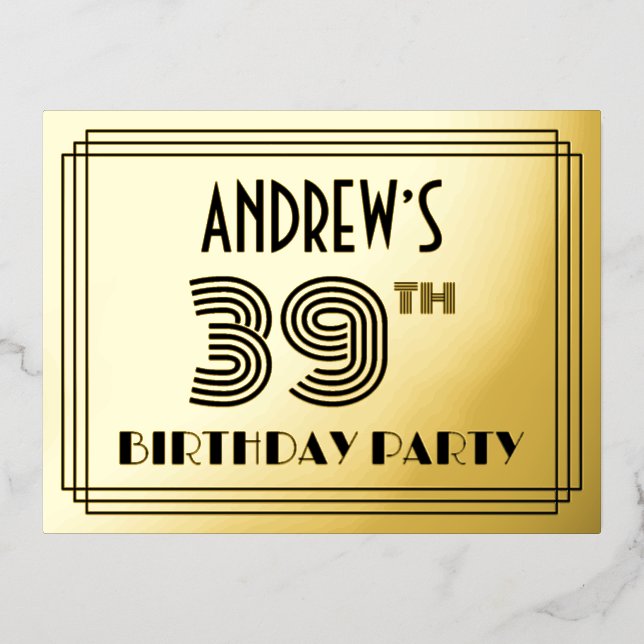 39th Birthday Party ~ Art Deco Style “39” + Name Folie Einladungspostkarte (Vorderseite)