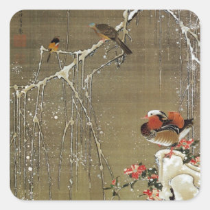 3. 雪 中 鴛 図, 若 冲 Mandarin Duck im Schnee, Jakuchū Quadratischer Aufkleber