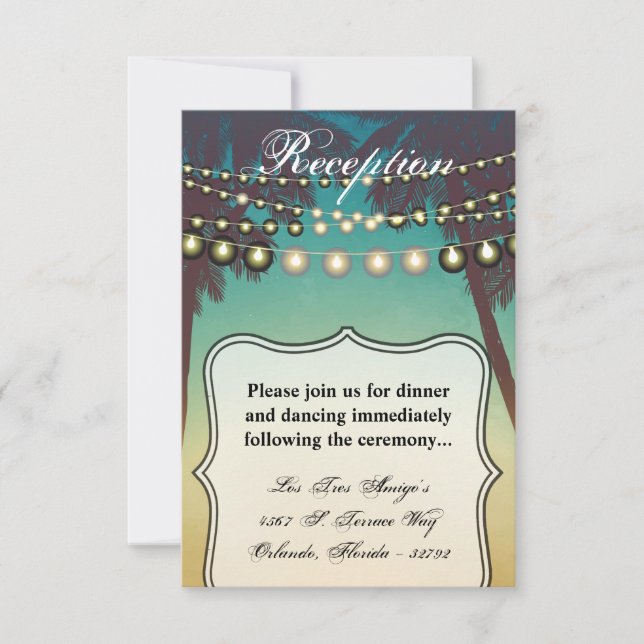 3.12x18 Empfang Card Beach Sunset Palm Tree Strin Einladung (Vorderseite)