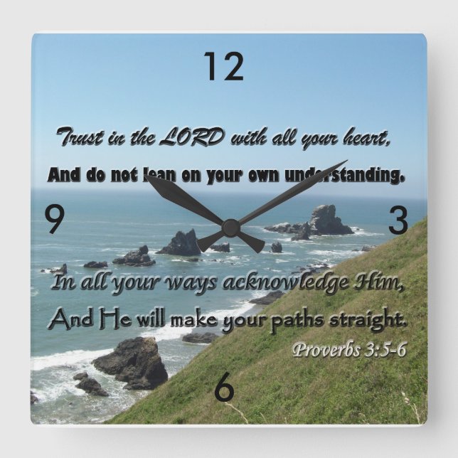 3:5-6 Clock! Trust the Lord every Minute. Quadratische Wanduhr (Vorderseite)