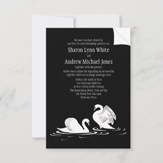 3,5" x 5" Swan Couple Black Wedding Einladung (Vorderseite)