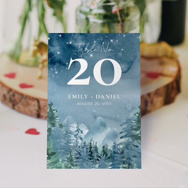 3.5x5.0 Dunkle Dämmerung Blaue Berge Hochzeitbudge Tischnummer (Dark Dusk Blue Mountain Wedding or Event Table Numbers Budget Friendly 3.5x5.0 Option)