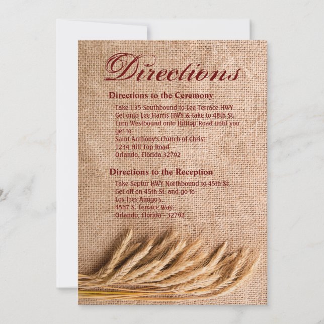 3.5x5 Directions Card Wheat on Burlap Sack Country Einladung (Vorderseite)