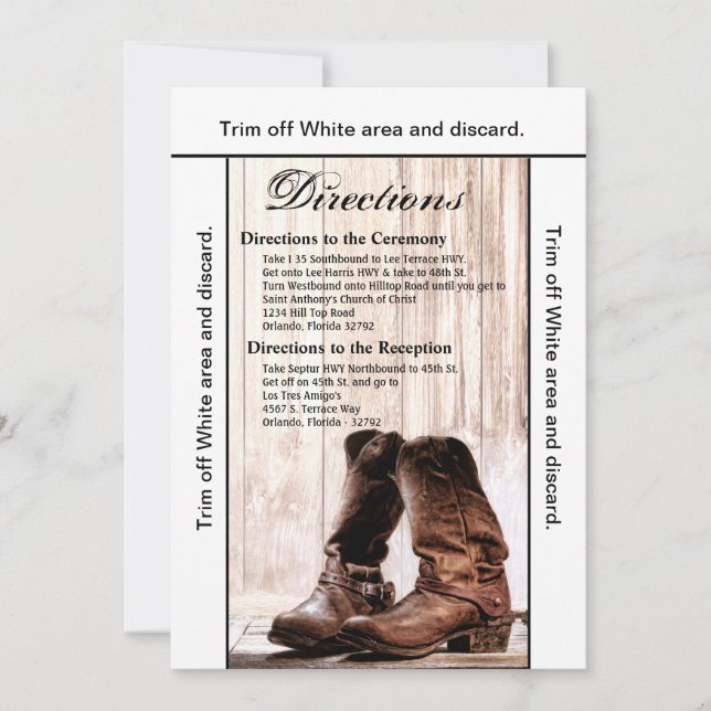 3.5x6 Fahrtkarte Boots Country Rustic Western Einladung (Vorderseite)