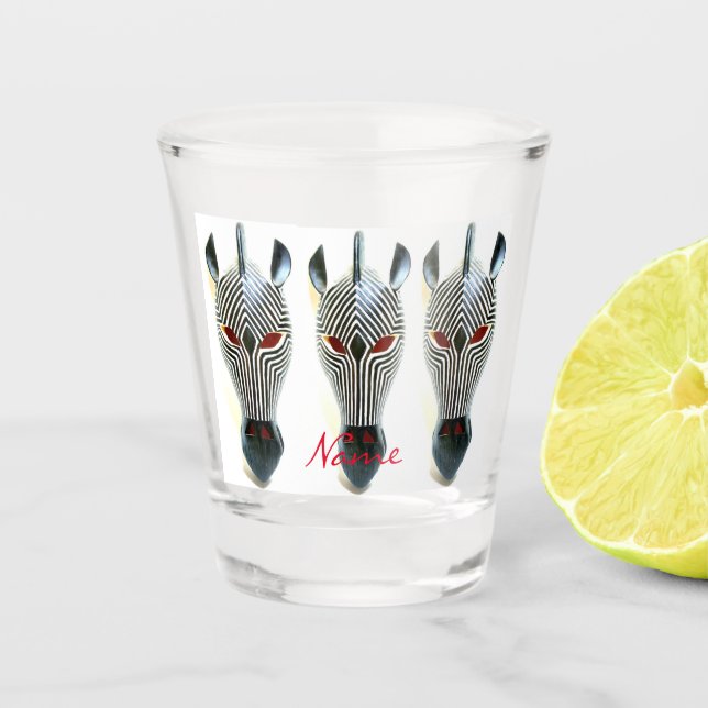 3 Afrikaner geschnitzte hölzerne Zebramasken Schnapsglas (Vorderseite)
