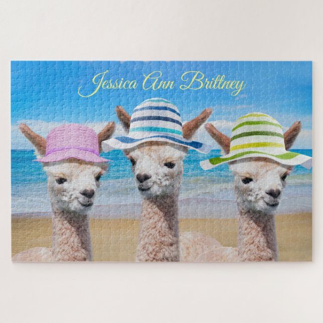 3 Alpacas on Beach in Sun Hats, Name der DIY Puzzle (Horizontal)