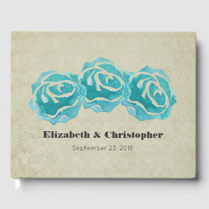 3 Aquamarine Aquarellfarben-Rose auf Tan Damask Mu Gästebuch