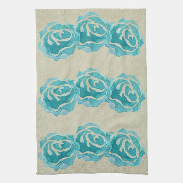 3 Aquamarine Aquarellfarben-Rose auf Tan Damask Mu Geschirrtuch (Vertikal)