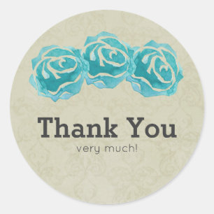 3 Aquamarine Aquarellfarben-Rose auf Tan Damask Vi Runder Aufkleber