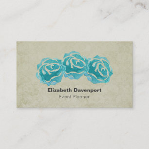 3 Aquamarine Aquarellfarben-Rose auf Tan Damask Vi Visitenkarte