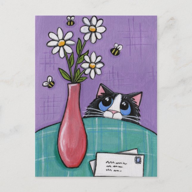 3 Bees, 3 Flowers, 2 Letters - Cat Postcard Postkarte (Vorderseite)