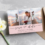 3 Bild mit Handschrift rosa Save The Date<br><div class="desc">Wählen Sie die besten Bilder aus Ihrem Verlobung-Shooting oder Ihre Lieblingsfotos von Ihnen beiden für dieses perfekte Save the Date. Save the Date sind die Wörter handgeschrieben, um der Karte ein persönliches Gefühl zu geben. Die Vorderseite hat 3 Bilder und die Rückseite hat ein großes Bild mit einem weißen Filter...</div>