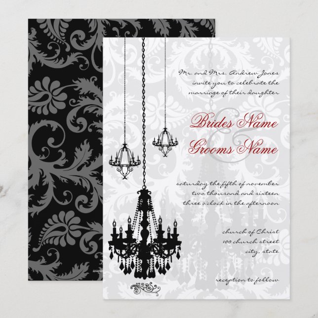 3 Black Candeliers Shadow Damask Wedding I Einladung (Vorne/Hinten)