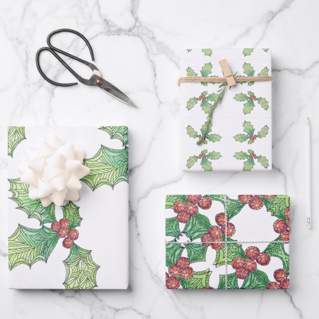 3 Blatt Geschenkpapier Wrap Papier Holly Jolly (Vorderseite)