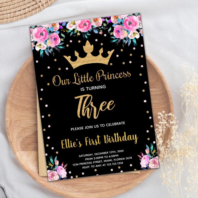 3. Blumenkronenprinzessin Glitzer Geburtstag Einladung (3rd Floral Crown Glitter Princess Birthday Invitation)