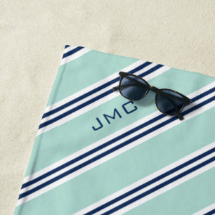 3-Buchstaben-Monogramm Mint und blaue Streifen Strandtuch