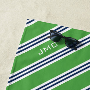 3-Buchstaben-Monogramm-Streifen grün und blau Strandtuch