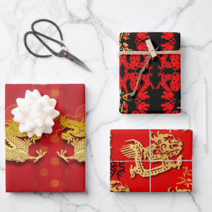 3 Chinesischer Drachenpapierschnitt Jahr WPFS Geschenkpapier Set