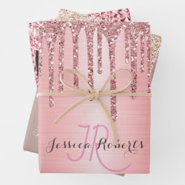 3 Color Chic Monogram Girl-Glitzer-Tropfen Geschenkpapier Set