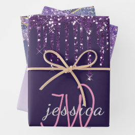 3 Color Chic Monogram Girl-Lila Glitzer-Tropfen Geschenkpapier Set