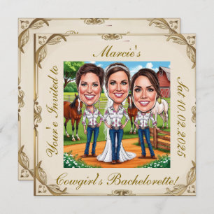 3 Cowgirl Bridal Karikaturen auf dem Bauernhof Einladung