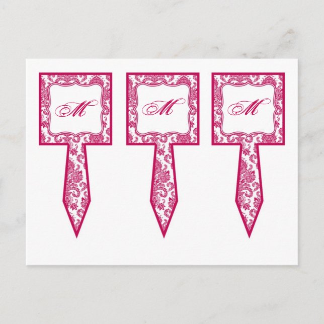 3 Cup Cake Picks Fusia White Damask Lace Print Pat Postkarte (Vorderseite)
