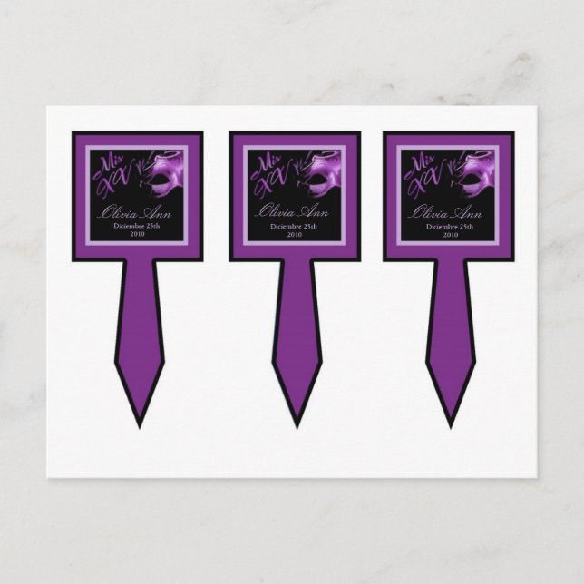 3 Cup Cake Picks Mis XV Lila Lilac Schwarzes Party Postkarte (Vorderseite)