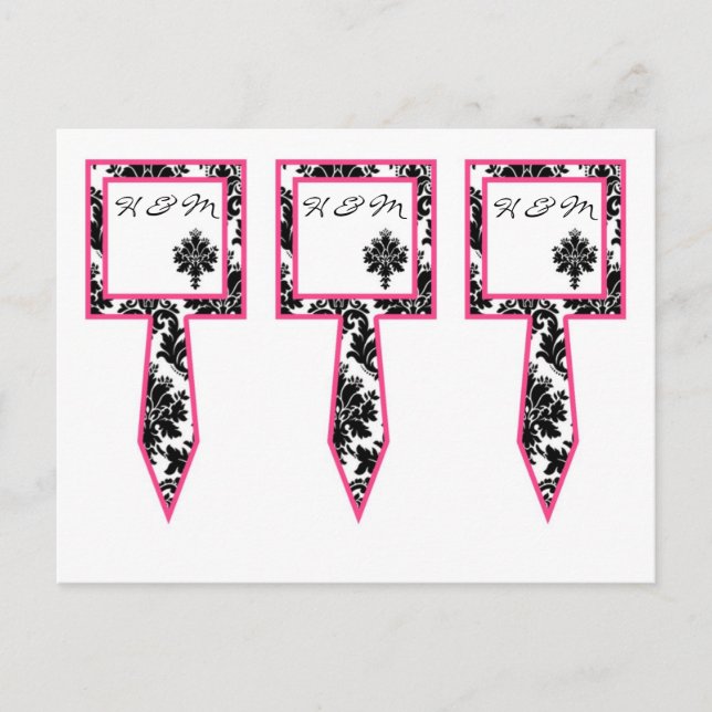 3 Cup Cake Picks Schwarz Hot Pink Damask Spitzen D Postkarte (Vorderseite)