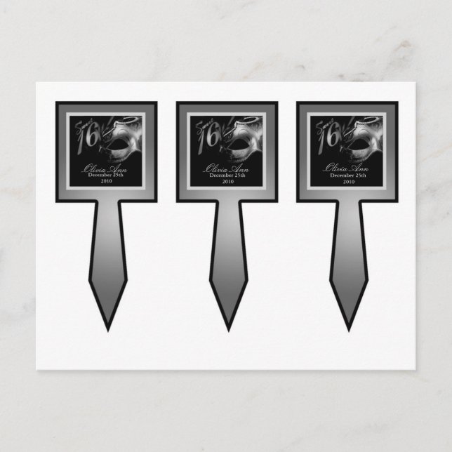 3 Cup Cake Picks Sweet 16 Silver Black Party Einladungspostkarte (Vorderseite)